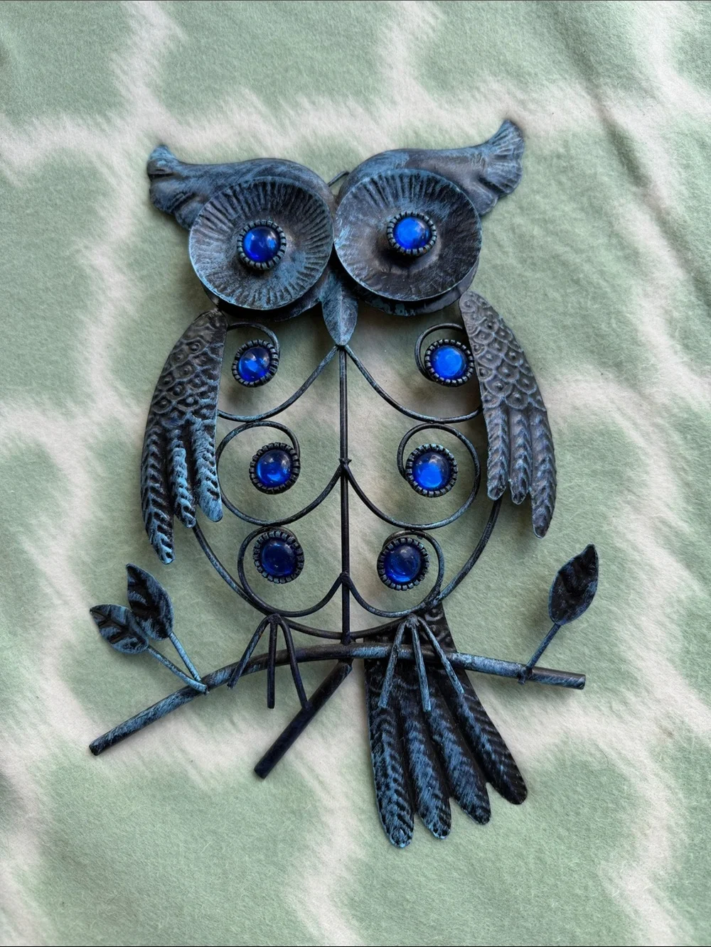 Blue Crystal Accent Metal Owl Wall Decor - Stylish Home Accent - Charcoal Color